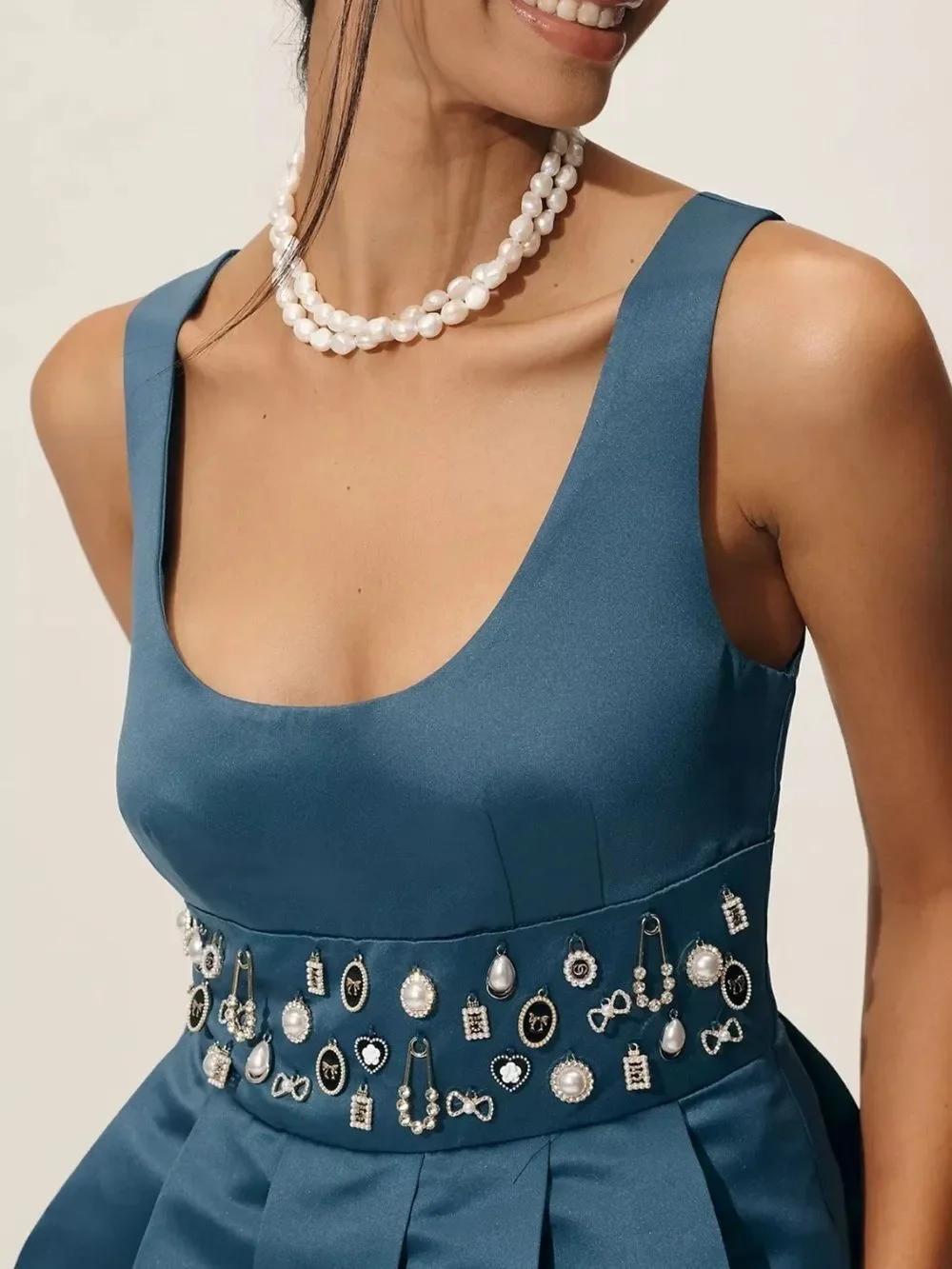 NWT Anthropologie Maeve Satin Belted Charm Mini Dress Midnight Sail $258 - Picture 4 of 5